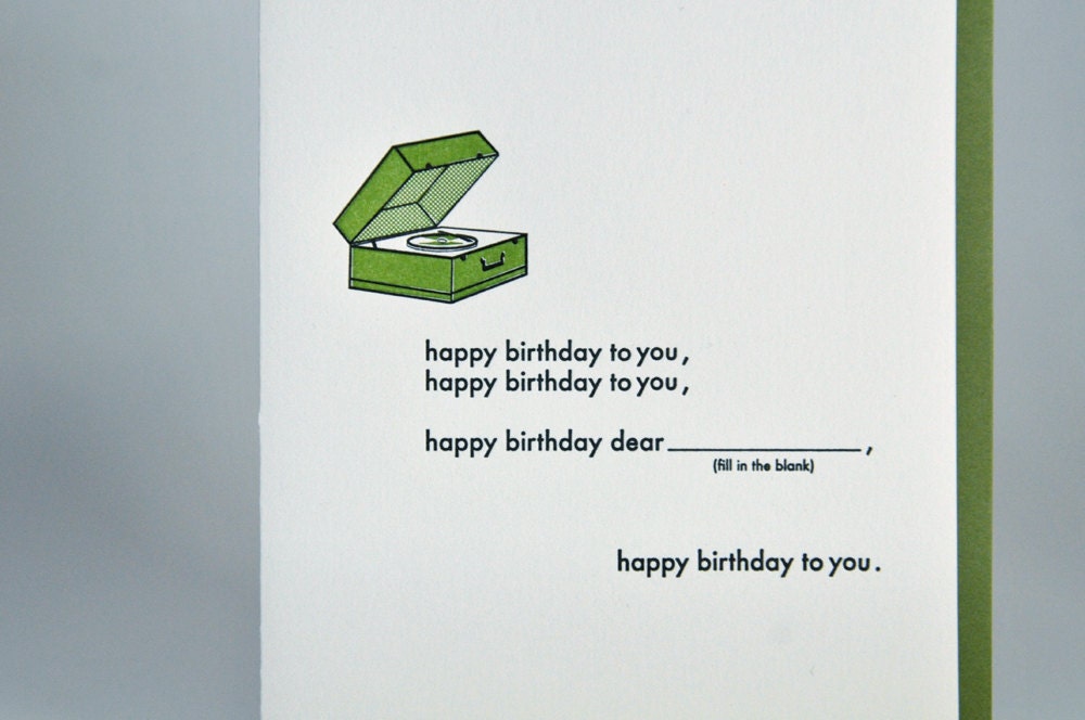 Happy Birthday To You - Vintage Record Player Letterpress Fill in the Blank Card