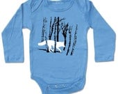 Organic dutch blue FOX Bodysuit, long or short sleeve, infant and baby sizes, running fox / wolf in the woods