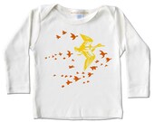 ON SALE, Organic Cream flying DUCKS Shirt, long sleeve cotton screenprint t-shirt, infant and kid sizes.