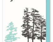 Single Hemlock tree greeting card, blank Letterpressed, woodland, bird, nature woods scene, perfect for holiday