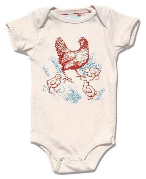 Organic Farm Chicken Infant Bodysuit, organic cream short sleeve, baby and kids sizes, Hen & Chicks design