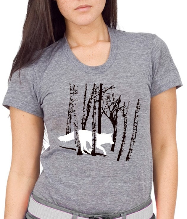 Women's Running Fox Wolf Shirt, Heather Grey short sleeve, cotton rayon polyester blend, screenprint, sexy and simple design,