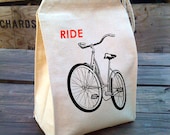 Eco Lunch Sack with RIDE A BIKE bicycle design, Recycled Cotton Canvas Lunch Bag with Handle - alittlelark