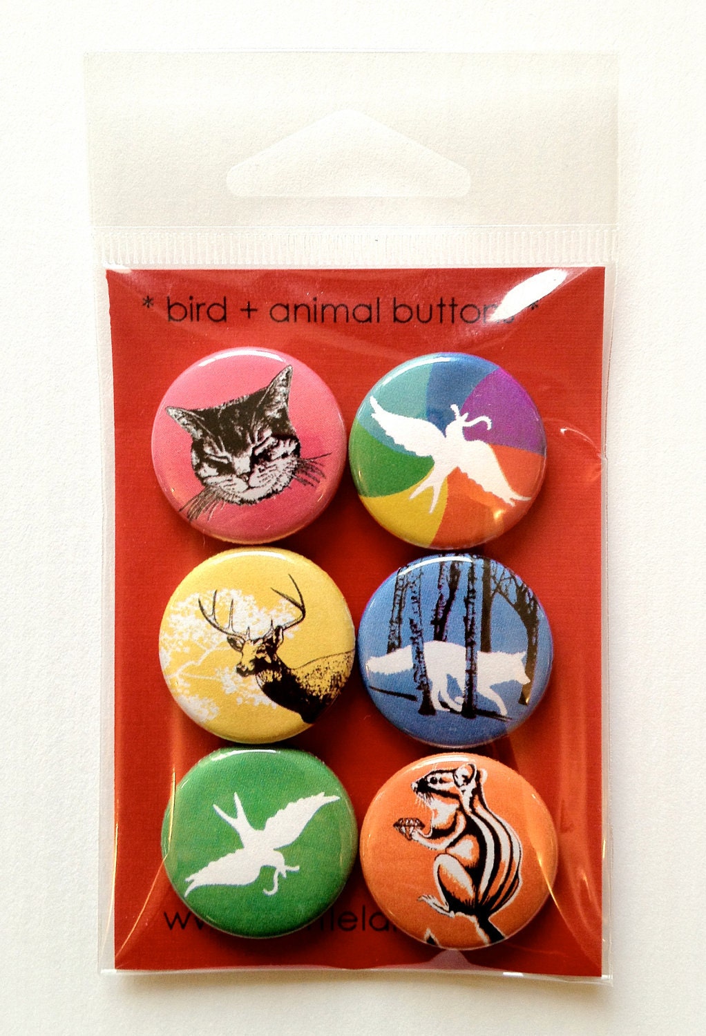 Birds and Animals, Pinback Buttons, 1 inch badge - set of 6, wolf, fox, deer, bird, kitty cat, chipmunk, woodland