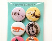 Animal Pinback Badge Buttons, 1 inch, set of 6, chipmunk, fox, wolf, deer, horse, cat, woodland animals