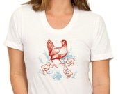 Women's Hen with Chicks Chicken Shirt, sexy scoop neck style, white cotton short sleeve, all sizes on sale