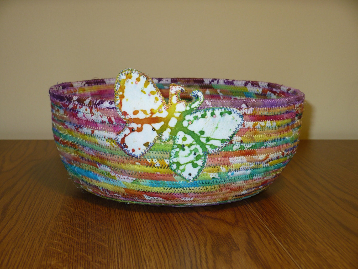 Coiled Fabric Clothesline Basket with Butterflies and Beads