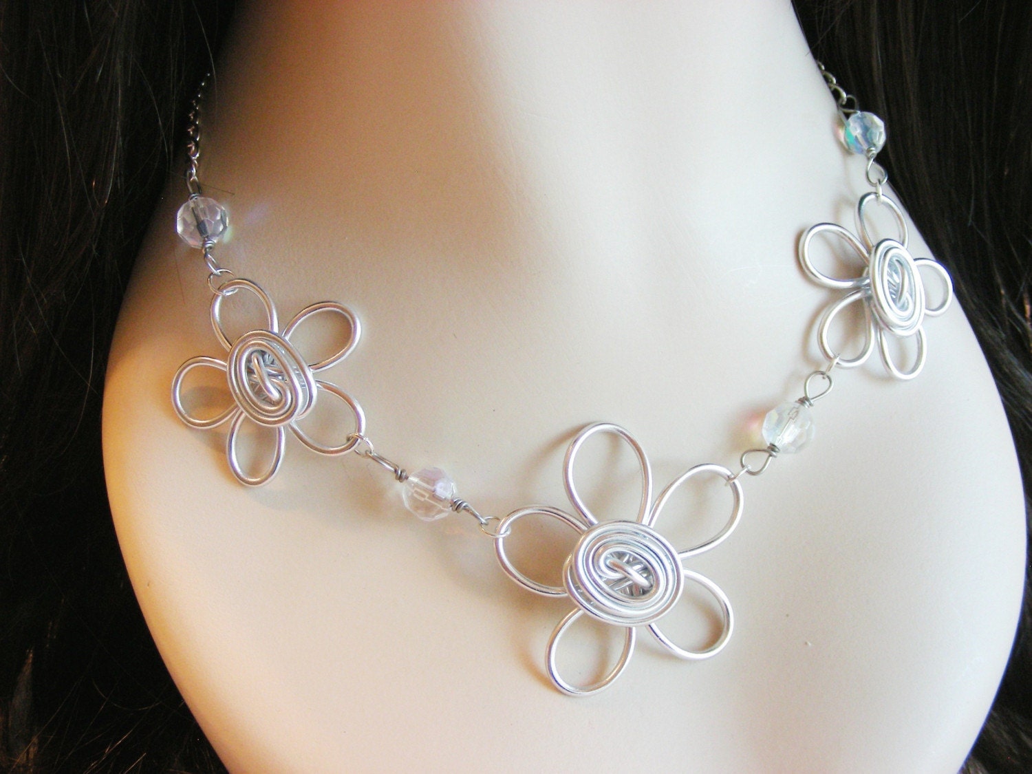Triple Daisy and Crystal Necklace - Choose your own Colors