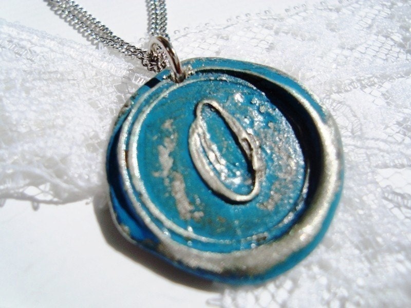 Aqua -Original Wax Seal necklace, painted, letter of your choice