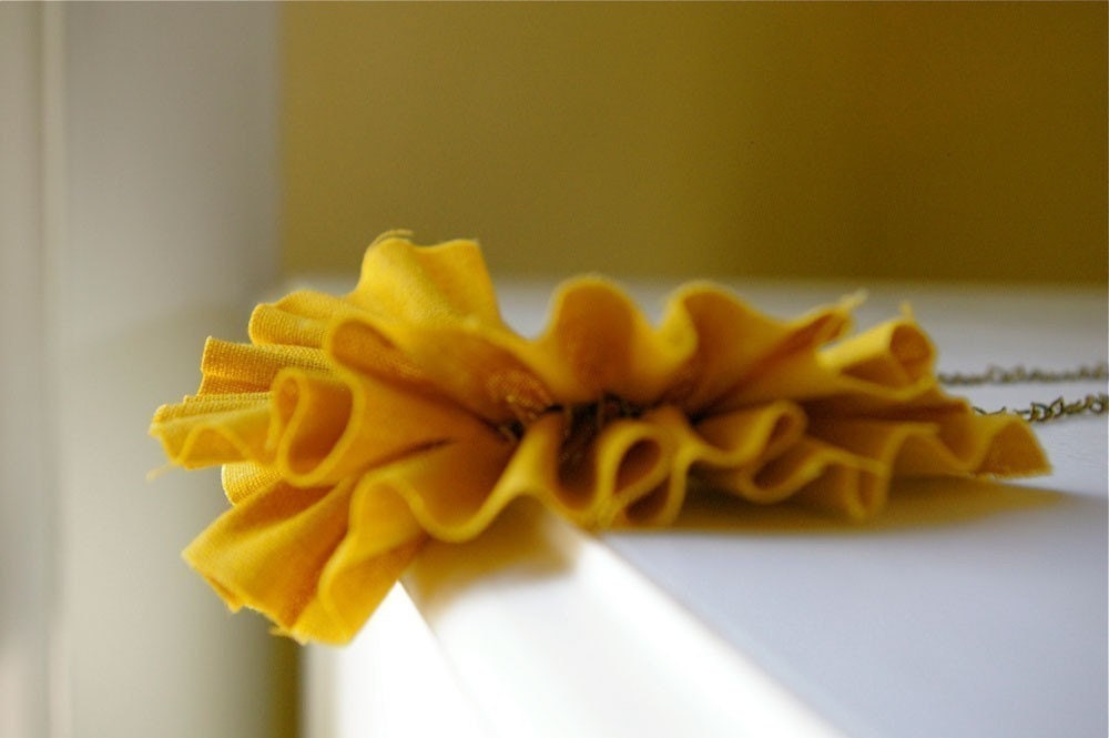 linen ruffle necklace in mustard yellow. antique bronze chain.