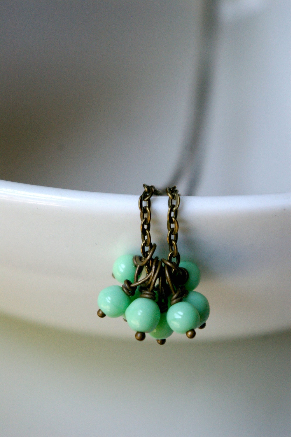 minty necklace. vintage mint green glass beads on antiqued bronze.