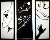 Triptych - 3 Spring Notations on Bipeds - papercut artwork in black and white