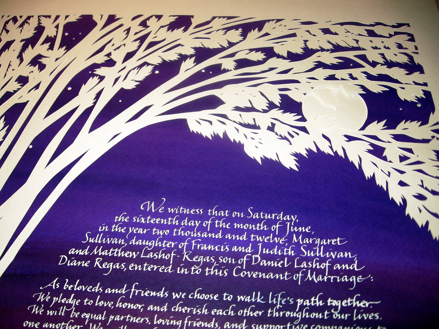 Birches Ketubah - Deep Purple to Rose Background with White Lettering