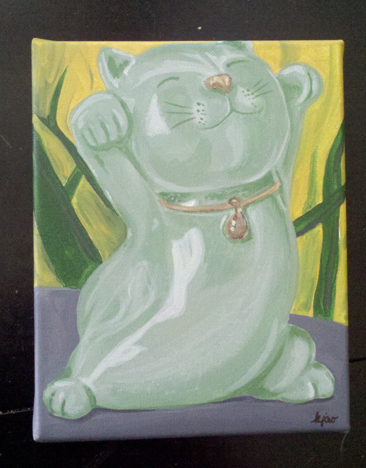 OOAK 8x10 Original Jade Lucky Cat Painting