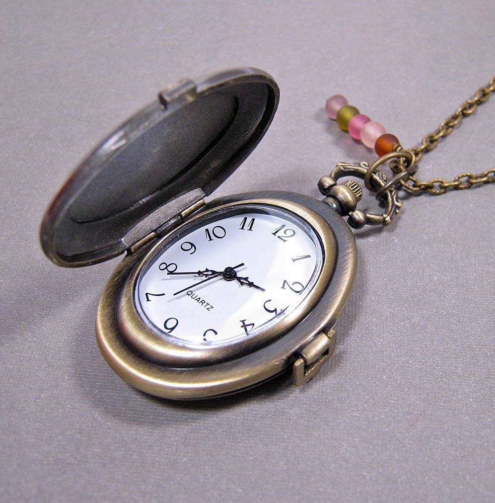 Pocket Watch Necklace - Oval Locket-Style with Rose Hued Handmade Lampwork Glass on Brass Chain (N-137)