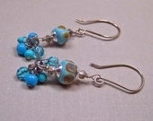 Lampwork Glass Earrings - Spotty Aqua with Glass Fringe on Sterling Silver (E-355)
