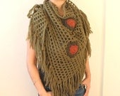Olive  Green Orange Flowers Mohair Triangle Shawl with Fringe