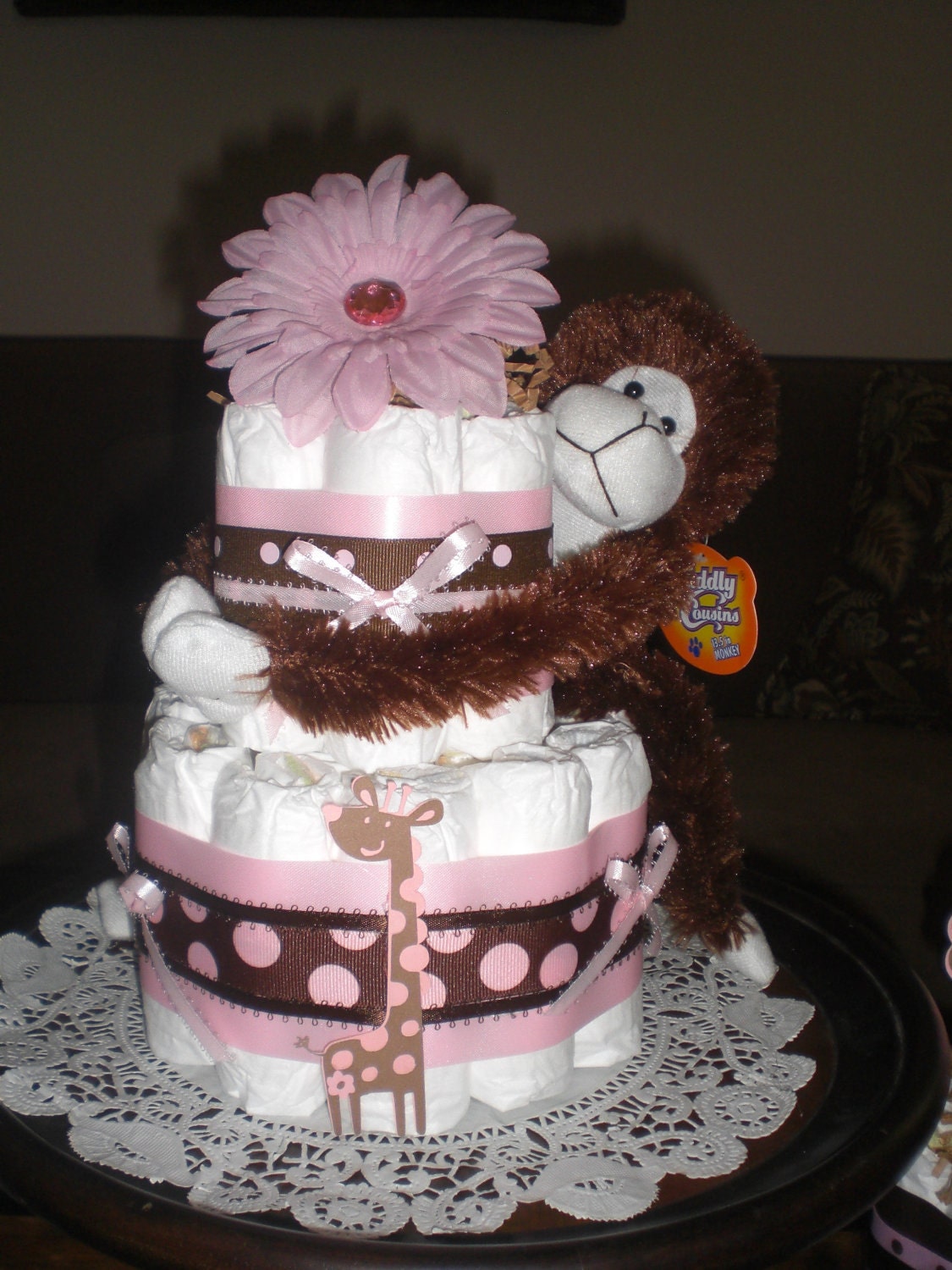 Safari Jungle Theme Diaper Cake Baby Shower Centerpiece two tier with animal other colors and sizes too