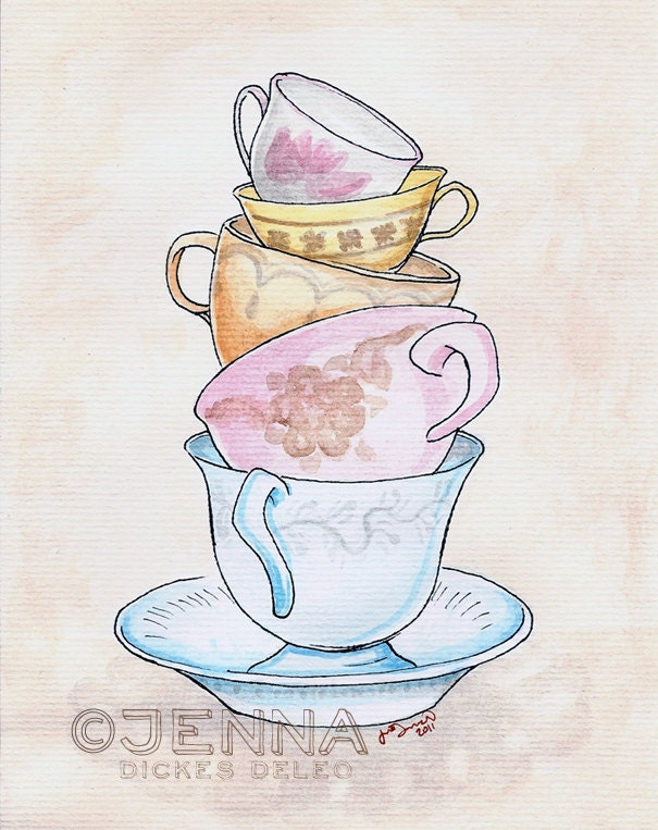 SALE Stacked vintage teacups watercolor illustration print