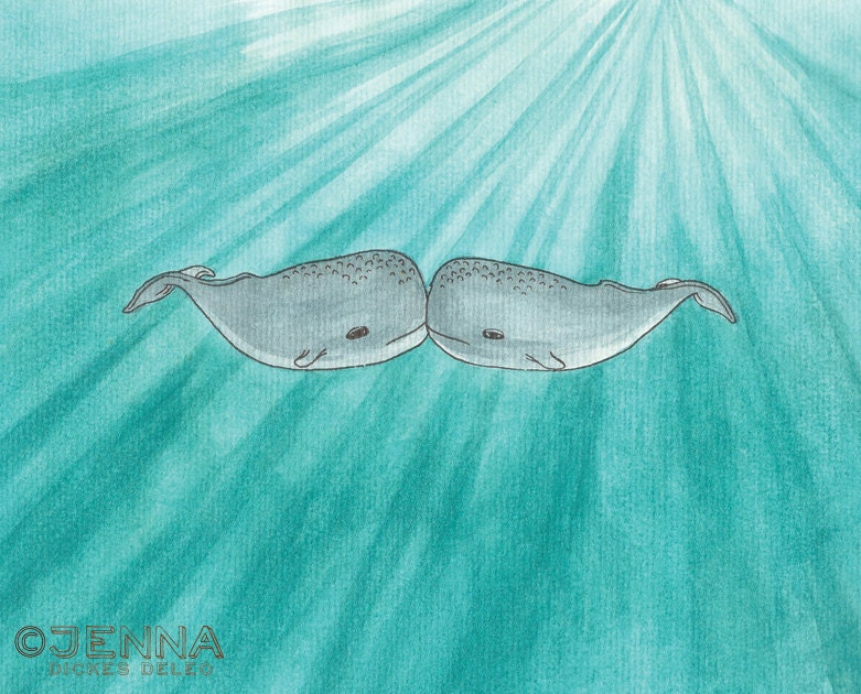 Kissing Whales mustache original illustration watercolor