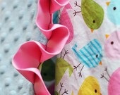 Baby Blanket - Minky Baby Blanket - Birds in Spring - Satin Trim - Straight or Ruffled - Personalization Available - Several Sizes