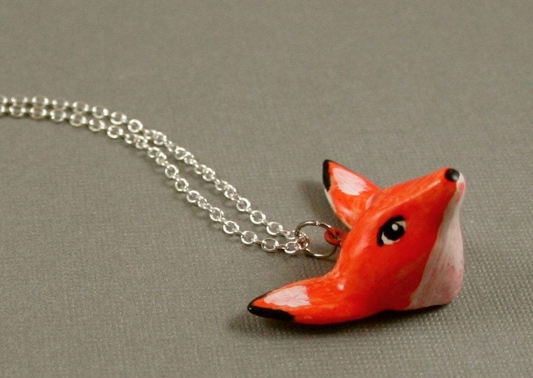 Orange Fox Head Necklace - Hand Sculpted Polymer Clay Miniature Animal - Silver Tone