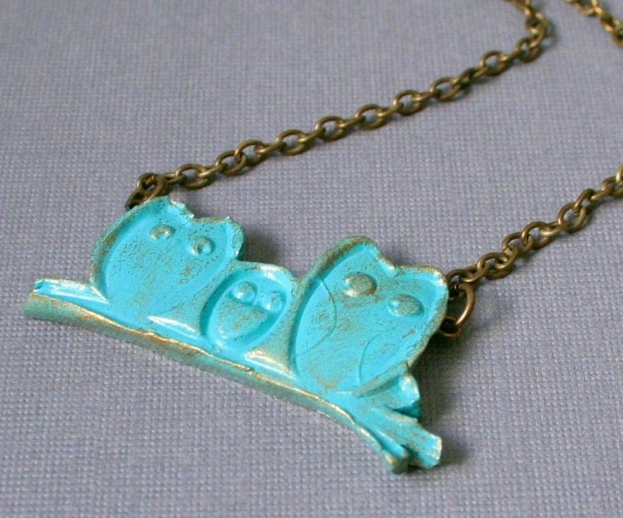 SALE - 40% OFF - Little Aqua Owl Family Necklace - Polymer Clay - Antiqued Brass