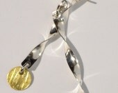 With A Twist, handmade, sterling silver and brass textured disc, dangle, pierced earrings