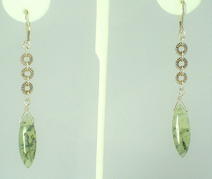 Soho, handmade, sterling silver wire wrapped, rutilated, green quartz navette bead, dangle, pierced earrings