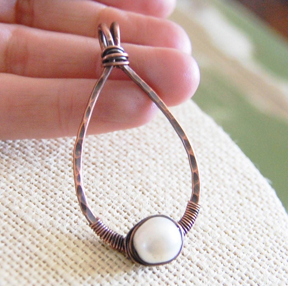 Oxidized. Copper. White. Pearl. Drop. Pendant.