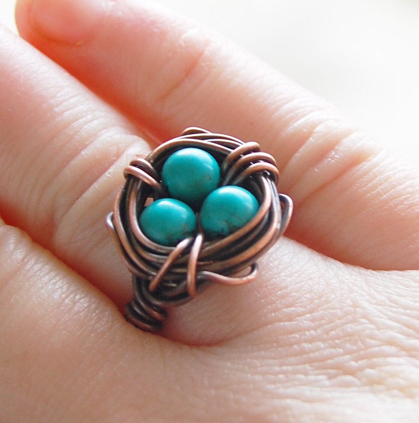 Bird nest ring, Oxidized copper, Howlite Turquoise, Custom sized, Wire jewelry