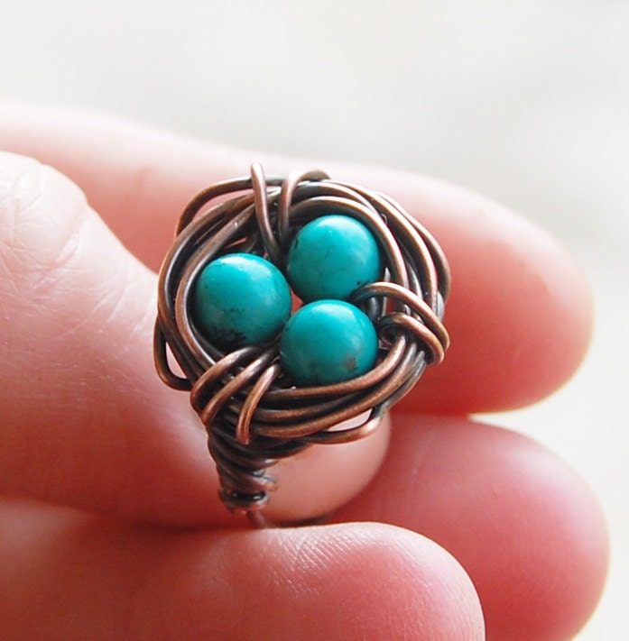 Bird nest ring, Oxidized copper, Howlite Turquoise, Custom sized, Wire jewelry