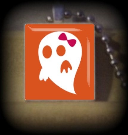 Cute Ghost w Bow (HW 30) Vintage Scrabble Tile Pendant ..BUY 3 GET 1 FREE..