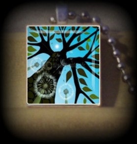 Blue Trees w Circles(T2) Vintage Scrabble Tile Pendant ..Buy 3 Get 1 Free