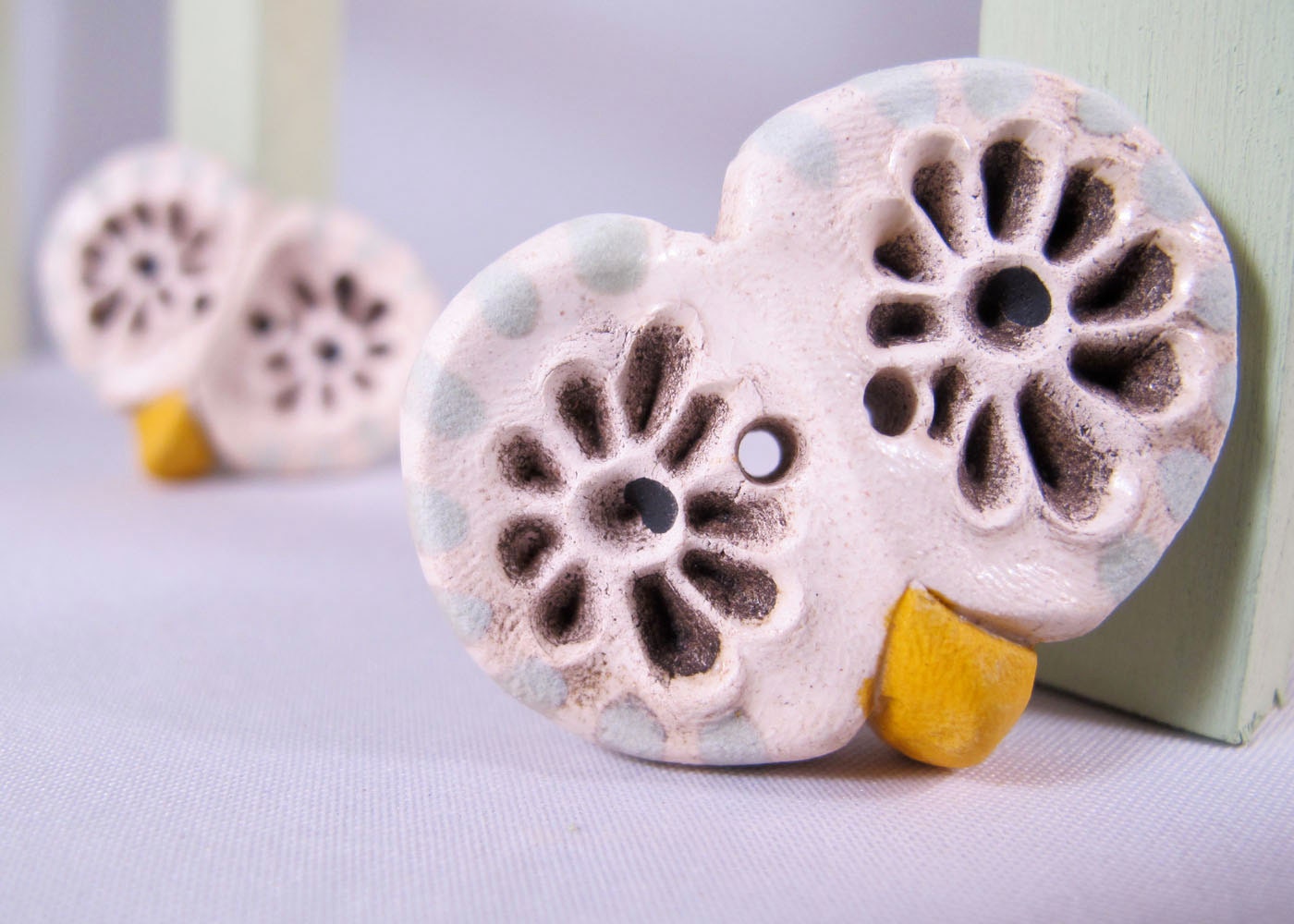 2 Mint Green Barn Owl Ceramic Buttons