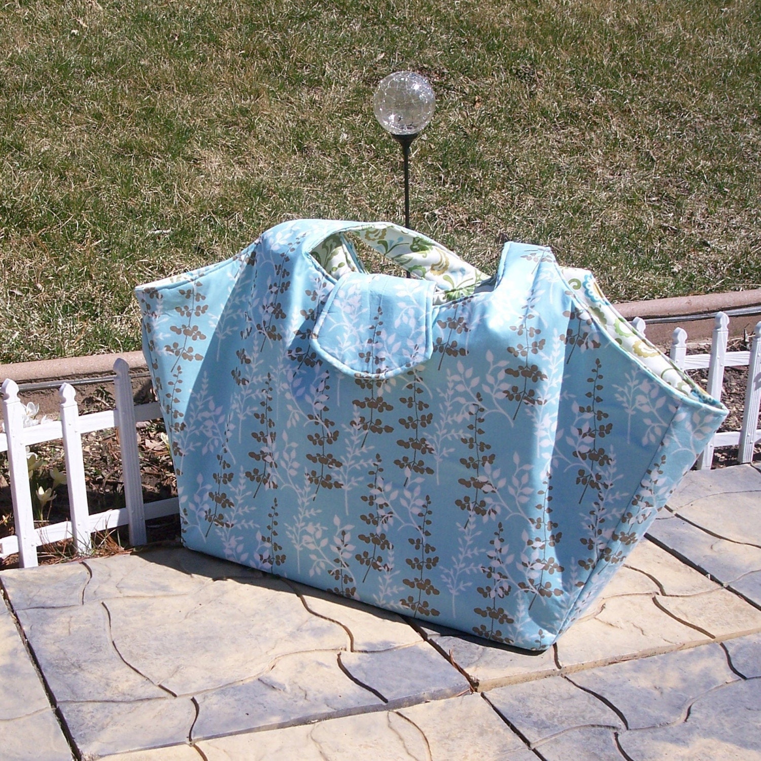 FREE SHIPPING one of a kind Large blue and brown diaper bag or overnight bag, great spring colors
