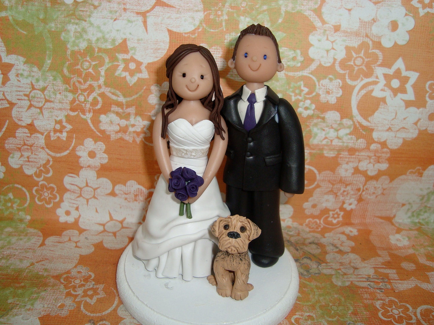 Custom Made Bride and Groom With Pets Wedding Cake Topper