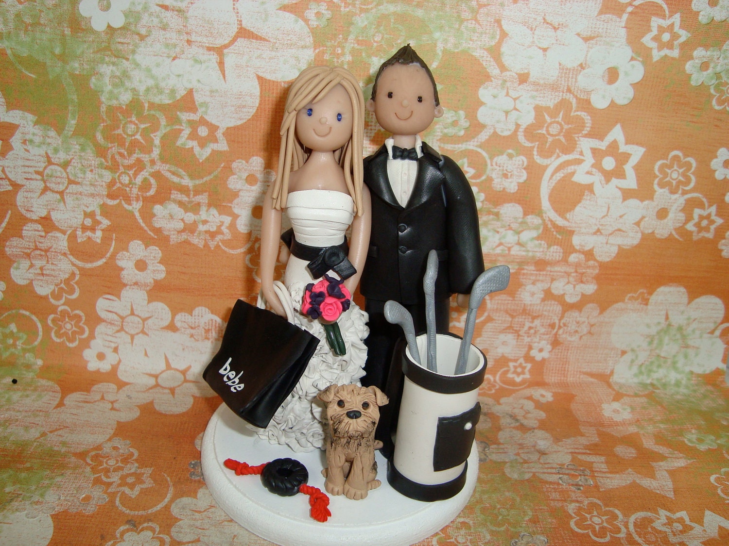 Custom Made Bride And Groom With Pets Wedding Cake Toper