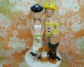 Customized Bride And Groom Firefighter with Pets Wedding Cake Topper