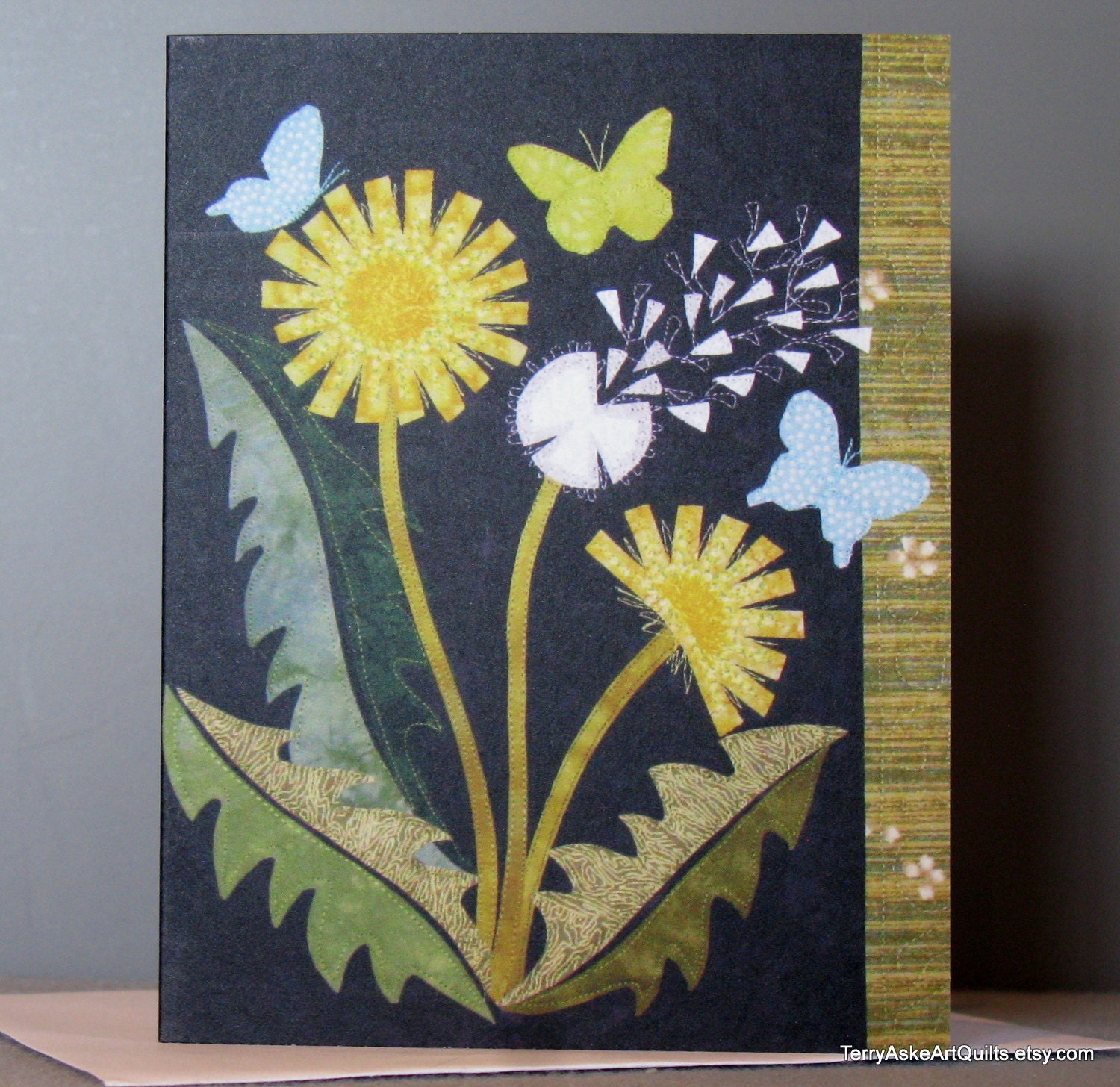 Art Quilt Note Card - Dandelion Love - TerryAskeArtQuilts