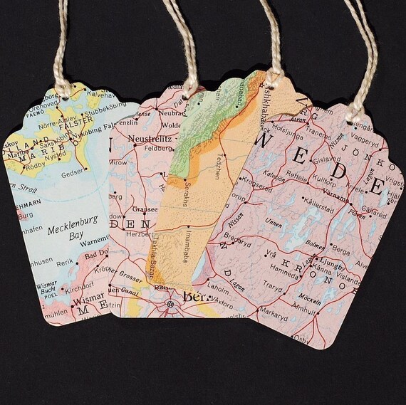 vintage gift tags- 15 recycled world atlas map tags
