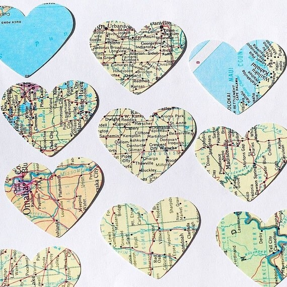vintage craft supplies- 100 atlas United States map paper hearts