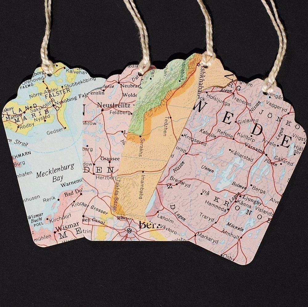 vintage gift tags- 15 recycled world atlas map tags