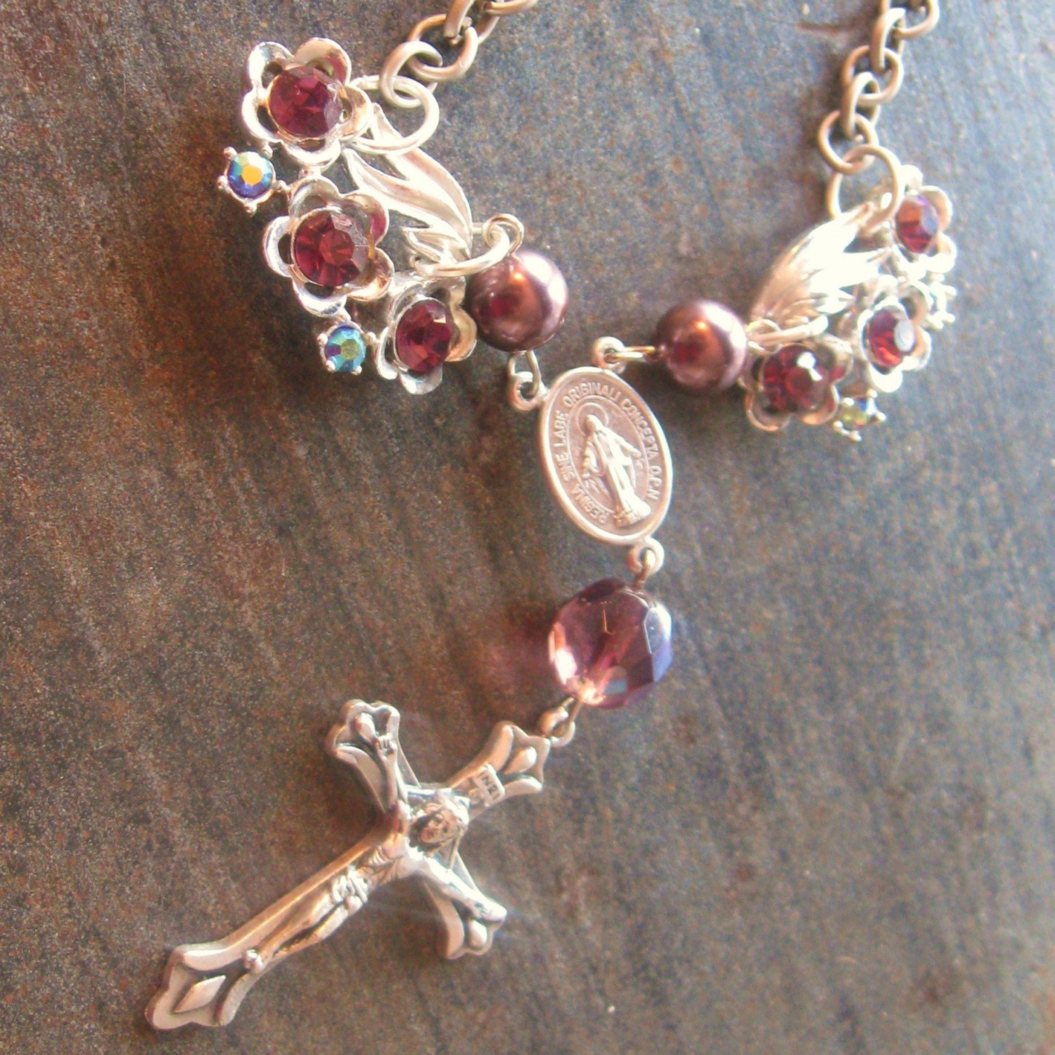Upcycled Catholic Crucifix Necklace, vintage purple costume jewelry, Gossamer Wings