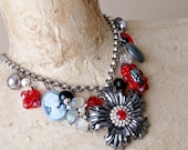 Vintage Costume Jewelry Statement Necklace Grey Red Cameo Rhinestone Assemblage, Le Bijoux, FREE SHIPPING by Maddie Lisee