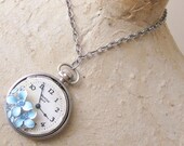 Steampunk Necklace Antique Watch Pocketwatch Silver Aqua Blue Flower Spring Movement Black White Face, Cloche, FREE SHIPPING by Maddie Lisee