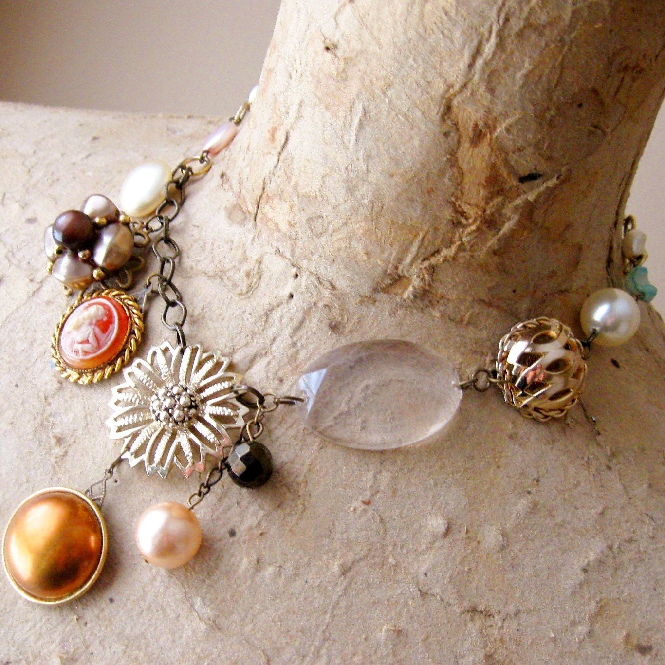 Antique Vintage Assemblage Necklace Costume Jewelry Gold Copper cameo Pearls, Vivian, FREE SHIPPING by Maddie Lisee
