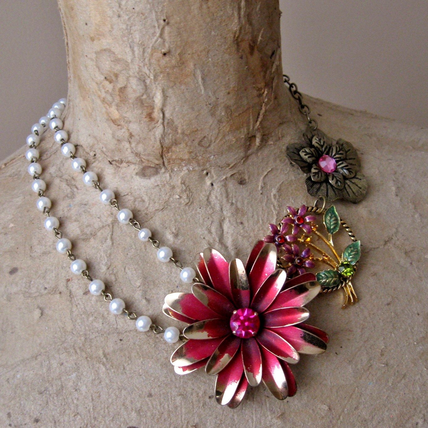 Vintage Costume Jewelry Statement Necklace Assemblage Pink Flower Spring Floral Pearls, Je T'adore, FREE SHIPPING by Maddie Lisee