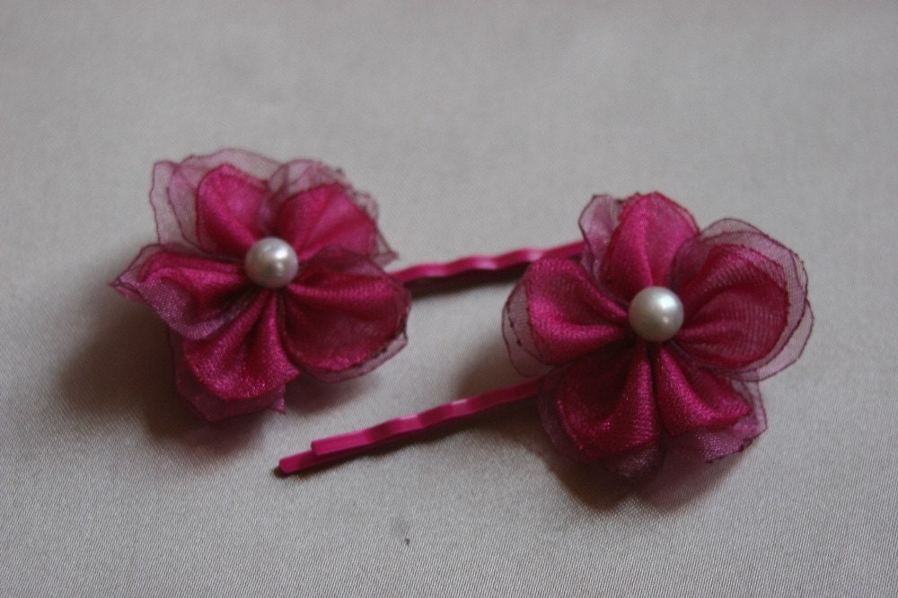 Fuschia and raspberry rose organza flower bobby pin set - Free Shipping