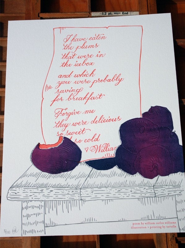 Letterpress & Silkscreen Plums Kitchen Print-William Carlos Williams Poem- Foodie Quotes